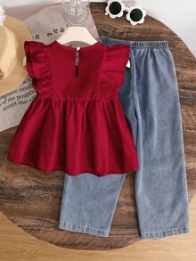 SHEIN Genkimix Kids 两件套：少女可爱简约休闲荷叶边无袖上衣和时尚铆钉牛仔裤 - 酒紅色 - 查看 3