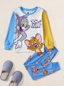 TOM & JERRY X SHEIN 2 件套小男孩卡通蓝色可爱休闲长袖 T 恤和短裤舒适睡衣套装 - 藍色 - 查看 1