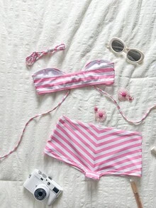 SHEIN Swim 女款夏季度假套裝 母親節粉色與白色條紋性感海灘派對度假比基尼兩件套 - 粉色 - 查看 2