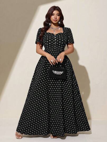 Viva Relle Plus Size Women's Black Polka Dot Long Dress, Square Neck Puff Sleeve Cinched Waist A-Line Dress, Suitable For Beach Vacation, Casual Dating, Artistic Store Visit, Classic Black And White Polka Dot With Vintage Vibe, Square Neck + Puff Sleeve To Flatter Shoulder And Neckline, High Waist + Full Skirt To Hide Body And Slim, Effortlessly Create A Gentle Vintage Look
