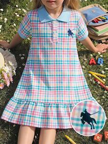 Emery Rose Kids 兒童小女孩度假休閒時尚短袖洋裝 粉色針織格紋領休閒洋裝 返校季 - 藍色 - 查看 8