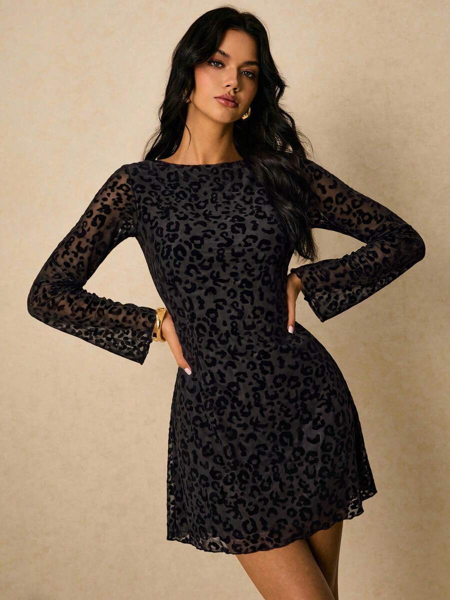 Poéselle 女式豹纹长袖休闲迷你连衣裙、长袖连衣裙、优雅连衣裙、豹纹连衣裙、猎豹连衣裙 2024 秋冬