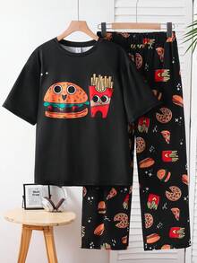 SHEIN 2件組青少年男孩圓領短袖T恤與漢堡印花寬鬆睡褲睡衣套裝 - 彩色 - 查看 6