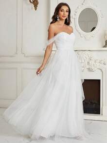 SHEIN Belle Off-Shoulder, geraffte Brust, mehrschichtiger asymmetrischer Rüschensaum Brautjungfernkleid (Erwachsene) - Weiss - Übersicht 6