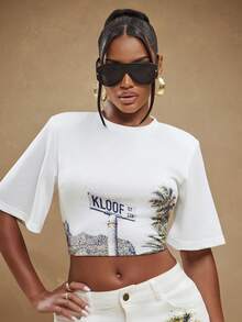 NYA SZN Damen Casual Crop Top mit Palmen-Muster, Rundhalsausschnitt und kurzen Ärmeln - Verschiedenfarbig - Übersicht 1