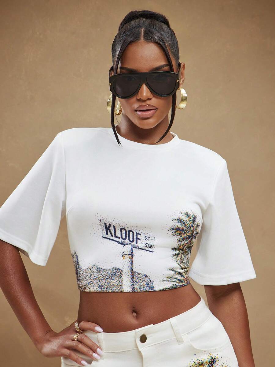 NYA SZN Damen Casual Crop Top mit Palmen-Muster, Rundhalsausschnitt und kurzen Ärmeln - Verschiedenfarbig - Übersicht 1