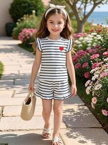 Elladie kids 女童條紋圓領荷葉袖T恤短褲休閒兩件組 - 黑與白 - 查看 1