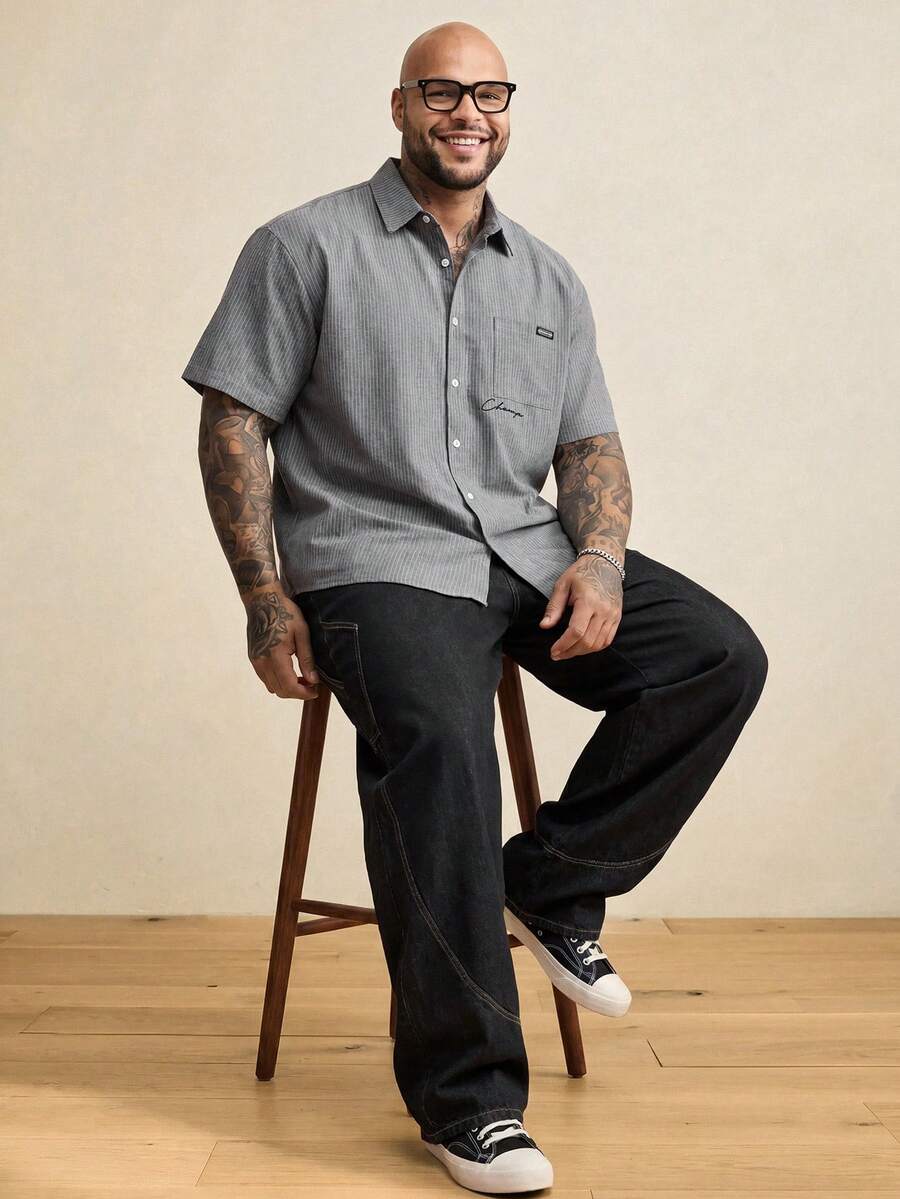 EASEVO Camisa de rayas con bolsillo con parche bordado para hombre de talla grande - Gris - Ver 1