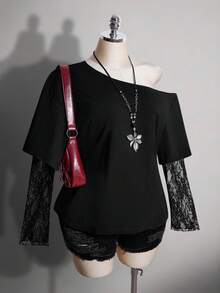 SHEIN ICON 女款大尺碼秋冬復古性感千禧風Y2K簡約休閒街頭風露肩上衣 - 黑色 - 查看 1