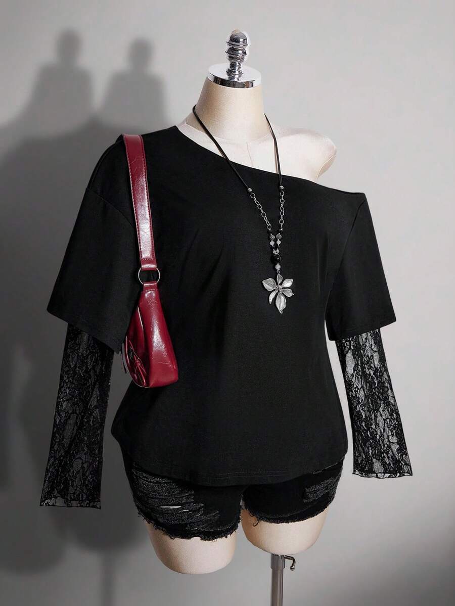 SHEIN ICON 女款大尺碼秋冬復古性感千禧風Y2K簡約休閒街頭風露肩上衣 - 黑色 - 查看 1