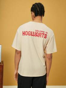 HARRY POTTER X SHEIN Men Casual Loose Knit Hogwarts Graphic Print Short Sleeve T-Shirt - Apricot - View 2