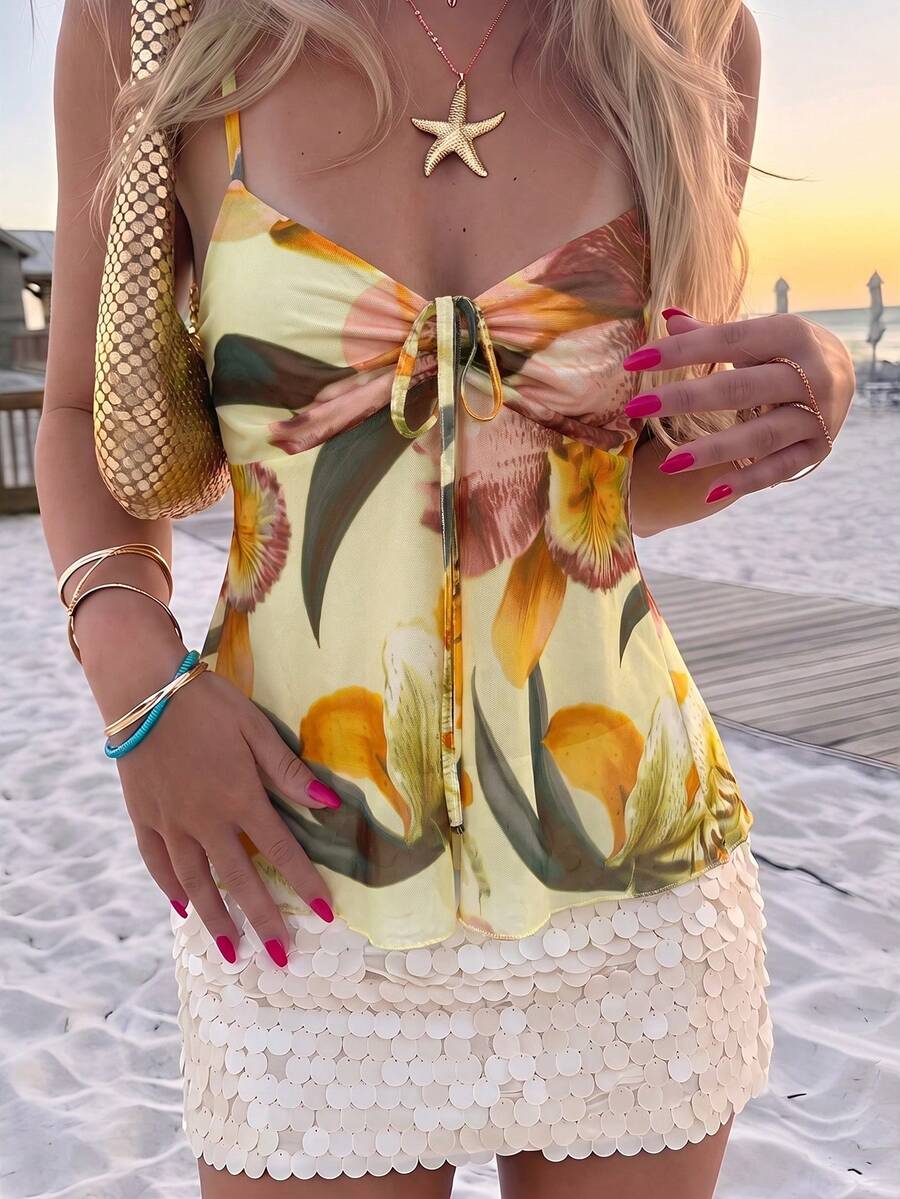 Opulessa Women's Spring/Summer Vacation Knit Mesh Printed Camisole Tank Top Beach Holiday Vacation Pale Yellow Tropical - Multicolor - View 1