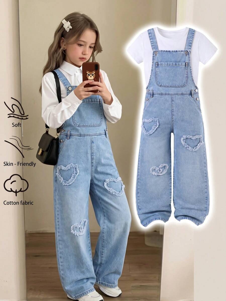 SHEIN Celana Jeans Denim Biru Muda Klasik Model Lurus dan Lebar untuk Remaja Perempuan, Bordir Berbentuk Hati, Kancing Logam, Saku Belakang, Cocok untuk Musim Panas, Sekolah, dan Olahraga. - Light Wash - View 1