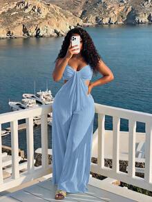 Slaydiva New Spring/Summer Women's Plus Size Extra Long Jumpsuit, - Blue - View 5
