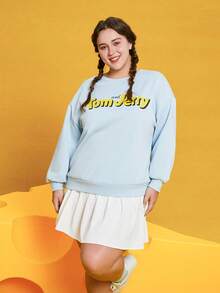 TOM & JERRY X SHEIN Plus Cartoon & Letter Graphic Drop Shoulder Sweatshirt - Blue - View 3