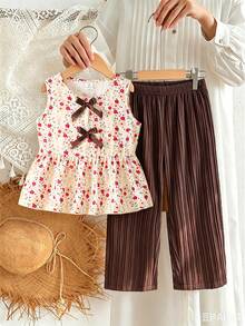 SHEIN Elladie kids 女童新款清新田園風精緻碎花兩件套，粉色蝴蝶結裝飾無袖背心上衣 + 粉色紋理布料寬腿長褲，甜美可愛時尚休閒套裝，夏季 - 棕色 - 查看 4