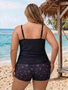 SHEIN CURVE+ 2026Plus Size Floral Print Tankini Swimwear - Black - View 2