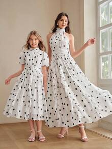 Anewsta Vestido blanco nuevo de verano sin mangas con cuello halter, línea A y vuelo para niñas, primavera/verano - Blanco - Ver 3