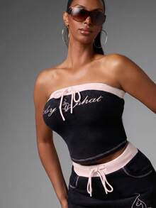 BABYPHAT Velour Strapless Bandeau Tube Top With Logo Embroidery And Drawstring Waist Detail - Black - View 4