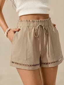 EMERY ROSE Shorts de verano para mujer talla grande con ribete de encaje, cintura con cordón y bolsillos - Caqui - Ver 6