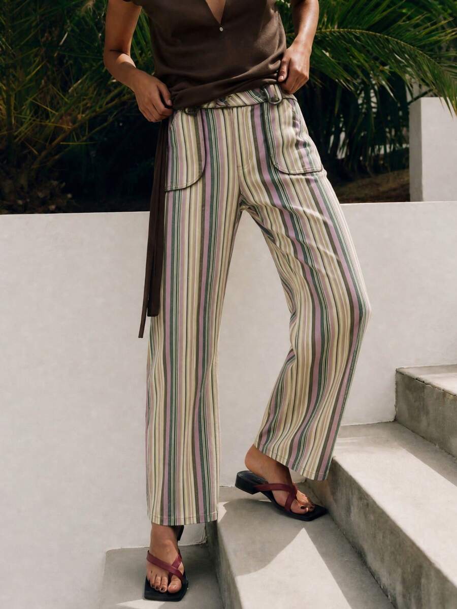 Nöista Multicolour Vertical-Stripe Wide-Leg Trousers With Front Patch Pockets. Everyday Outfits, Casual, College, Day-To-Night, Fall, Autumn, Winter.