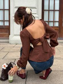 Serisse Women's Elegant Coffee Brown Linen Boat Neck Backless Bow Decor Ruffle Hem Long Sleeves Blouse,Vacation Date Night Fashionable Top,Four Seasons Fall - Brown - View 3