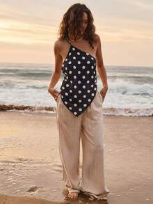 Aralina Beach Resort Summer Asymmetric One Shoulder Sleeveless Relaxed Fit Tank Top - Black and White - View 7