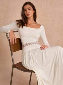 Enchnt Women's Elegant Long Sleeve Contrast Lace Knit Dress - White - View 2