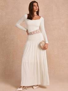 Enchnt Women's Elegant Long Sleeve Contrast Lace Knit Dress - White - View 4