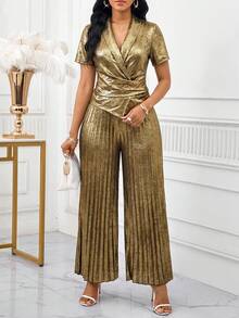 SHEIN Lady 女士纯色裹身短袖上衣和褶皱阔腿裤优雅两件套 - 金色 - 查看 8