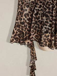 SHEIN ICON Plus Size Retro Sexy Millennial Style Y2K Urban Modern Avant-Garde Bold Fashion Individual Leopard Print V-Neck Ruffled Bell Sleeve Flowy Ribbon Dress - Brown - View 6