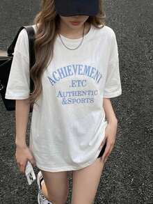 DAZY Women's Loose Fit Round Neck Short Sleeve T-Shirt With Letter Embroidery Summer Oversized T-Shirt - White - View 9