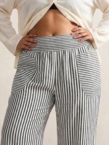 SHEIN PETITE CURVE 大尺碼女款休閒條紋鬆緊腰長褲 - 黑與白 - 查看 10