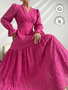 Modelyn Women's Elegant V-Neck Ruffled Sleeve Embroidered Vacation Dress Fall Cloth For Women - Hot Pink - View 1