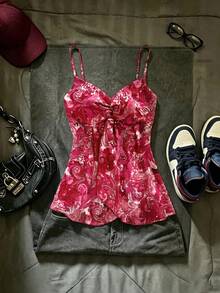 IslaSuriya Atasan Camisole Wanita Berlipit dengan Motif Cetak Seluruh Permukaan, Kasual, Serbaguna untuk Pemakaian Sehari-hari - Hot Pink - View 4