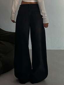 DAZY Celana Jeans Wanita Polos dengan Kancing Depan dan Saku, Model Kasual untuk Sehari-hari, Gaya Y2k - Hitam - View 5