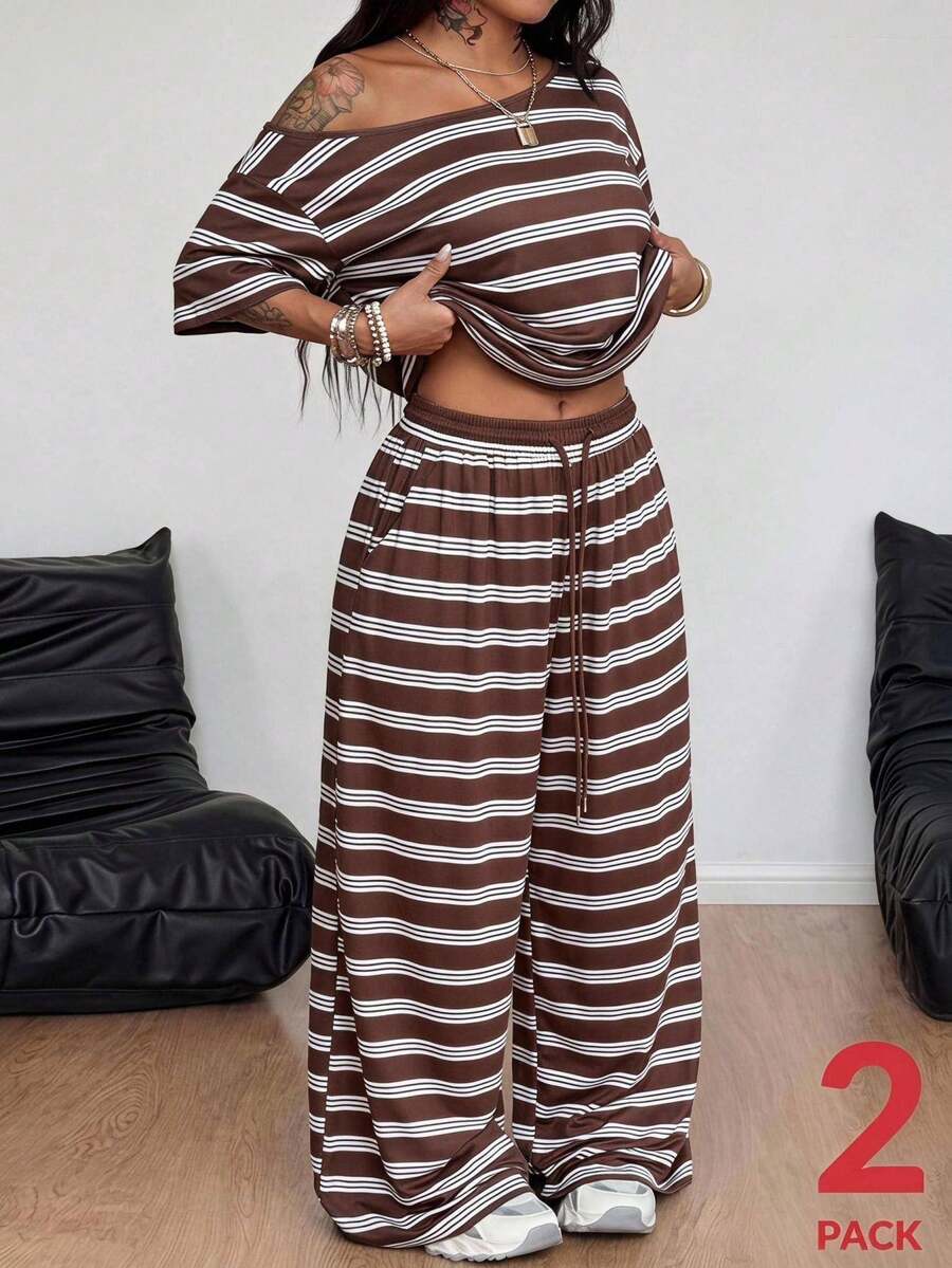 Coolane 女款大尺碼秋季休閒街頭風度假棕色條紋露肩T恤與寬腿運動褲兩件套穿搭