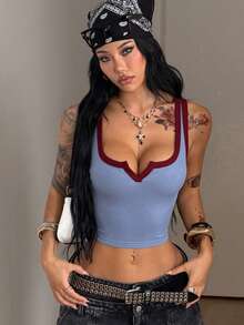 Coolane Women's Summer Concert Rave Festival Going Out Renaissance Fair Club Sexy Y2K Rib Knit Color-Blocked Notched Collar Truncated Blue Tank Top - Multicolor - View 5