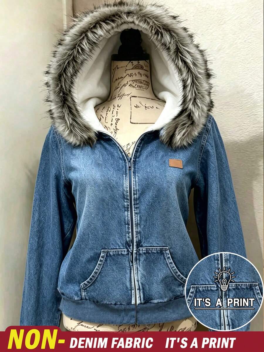 Lalippa 女款牛仔效果印花前拉鍊毛領連帽衛衣 - 彩色 - 查看 1
