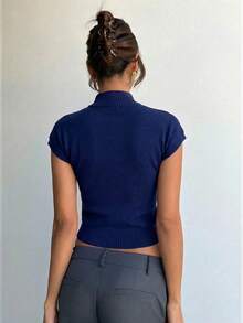 Aloruh Women's Casual Crew Neck Stand Collar Pullover Knit Top, Navy Blue, Early Autumn, Back To School - Navy Blue - View 2