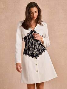 Enchnt Premium Pre-Fall Romantic Women's Elegant White Contrast Color Lace Blazer Dress,Casual Dress,Work Outfits,Formal Wear,Office Outfits For Women - White - View 5