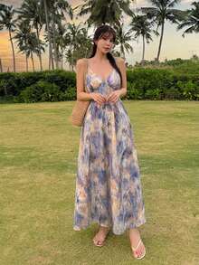 DAZY Women's Elegant Tie-Dye Pattern Spaghetti Strap Dress For Vacation - Blue - View 5