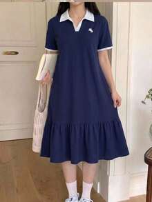 青少年女孩童裝海軍藍 Polo 領刺繡圖案荷葉邊休閒洋裝，校服風格，適合上學、戶外活動、購物、日常穿著 - 藏蓝色 - 查看 2