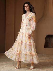 Anewsta New Fashion Romantic Ruffle Trim Patchwork V-Neck Puff Long Sleeve Vacation Holiday Outfit Long Women's Summer Dress - Apricot - View 4