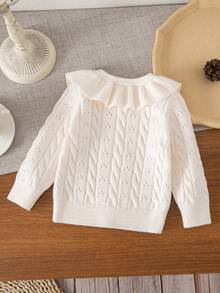 SHEIN Cárdigan casual de punto de color liso con cuello redondo y ribete de volantes para niña bebé - Burdeos - Ver 2