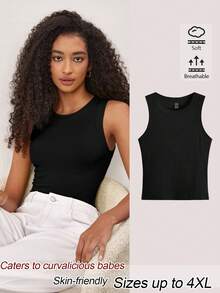 SHEIN BASICS Plus Size Women's Solid Color Round Neck Casual Versatile Tank Top - Black - View 1