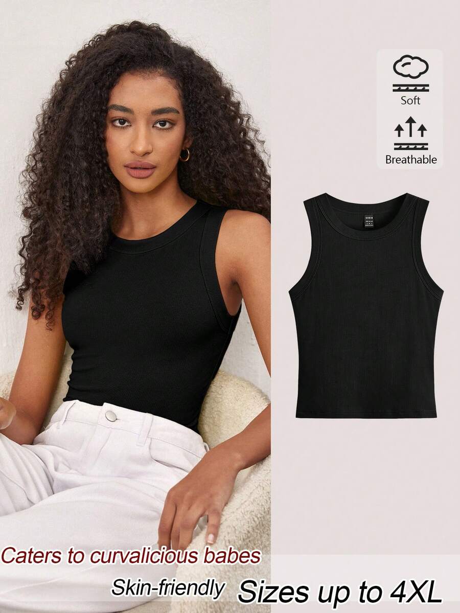 SHEIN BASICS Plus Size Women's Solid Color Round Neck Casual Versatile Tank Top - Black - View 1