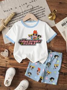 THE POWERPUFF GIRLS X SHEIN 少女卡通圖案圓領短袖T恤與休閒短褲套裝 - 白色 - 查看 1