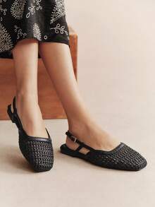 Rosivie 方頭平底女鞋，黑色編織材質，後繫帶 Slingback，休閒度假風，復古波希米亞風，舒適穿著 - 編織黑色 - 查看 8