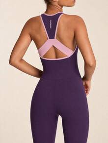 SHEIN BAE 女士撞色镂空后背连体裤，休闲健身运动服 - Bold Plum - 查看 4